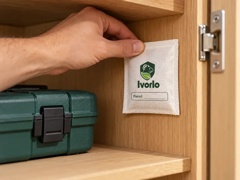 Pouch stuck to the inside wall of a cabinet