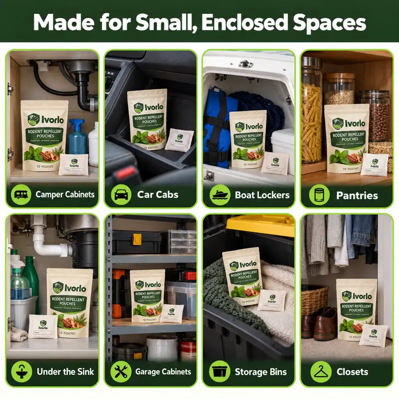 Made for small, enclosed spaces: camper cabinets, car cabs, boat lockers, pantries, under the sink, garage cabinets, storage bins, closets