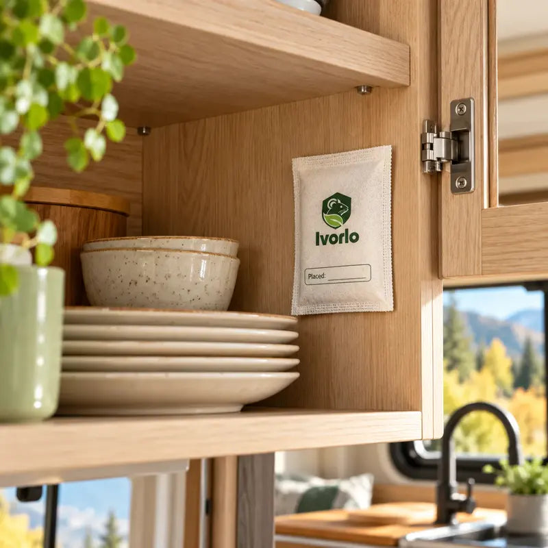 Pouch inside a kitchen cupboard next to dishes