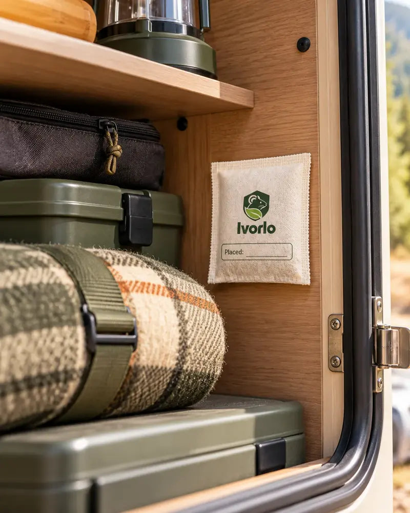 Pouch in a camper storage cabinet