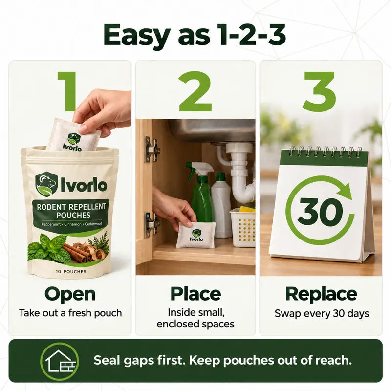 Easy as 1-2-3: open, place inside small enclosed spaces, replace every 30 days