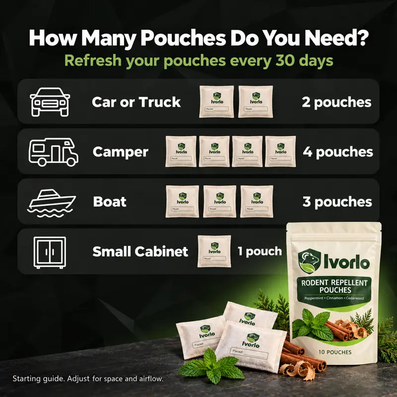 How many pouches you need: car or truck 2, camper 4, boat 3, small cabinet 1