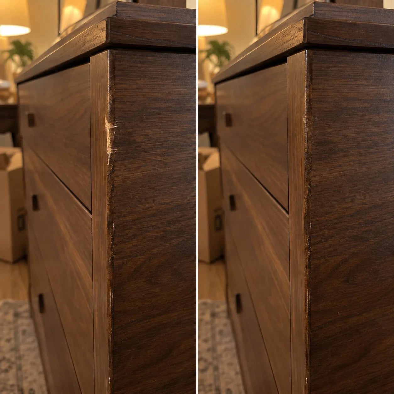 Before and after: gouged walnut dresser corner filled and blended with ScratchZero
