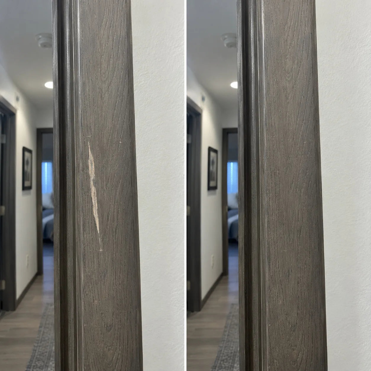 Before and after: scraped grey-stained doorframe blended with ScratchZero