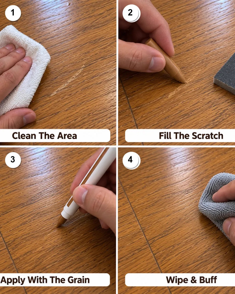How to use the ScratchZero Wood Repair Set: clean, fill the scratch, apply with the grain, wipe and buff