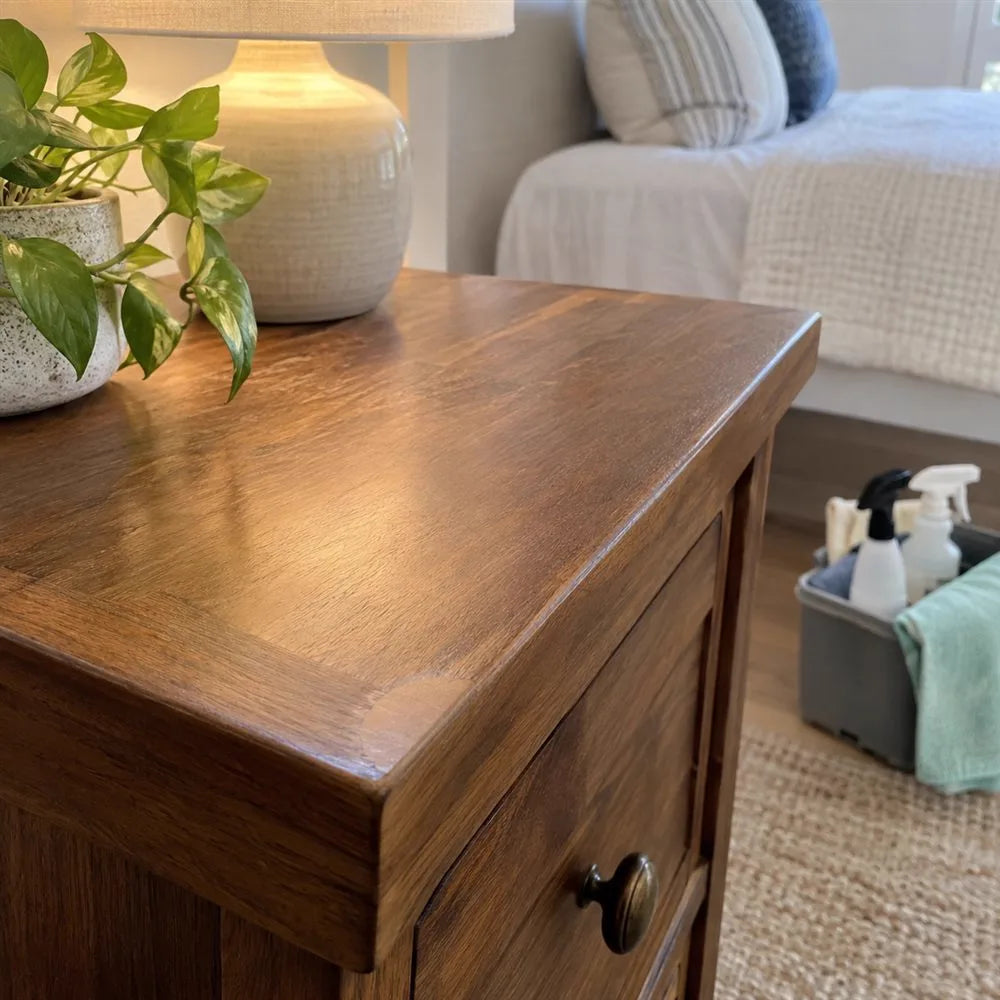Repaired wood nightstand corner