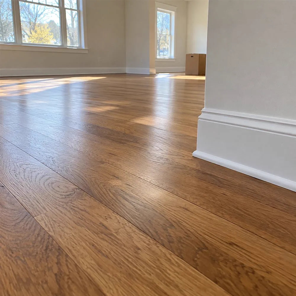 Repaired oak floor in an empty room